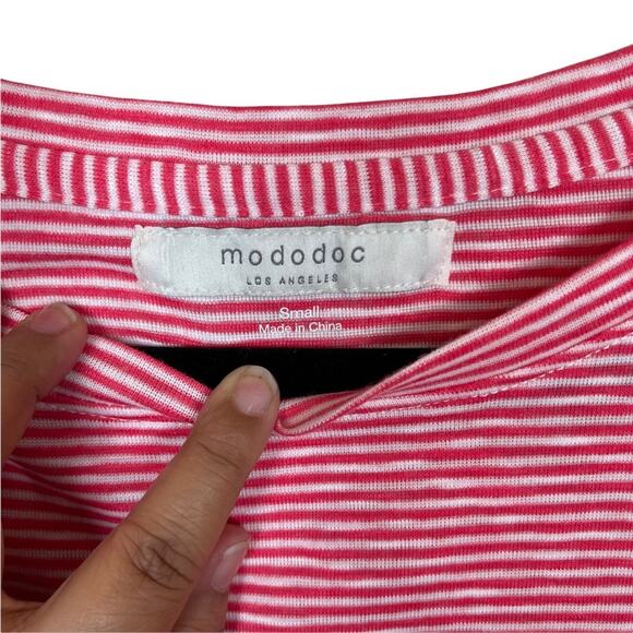 Mododoc Long Sleeve Stripped Scoop Neck Ruffled Mini Pink White Stripe Small - Picture 6 of 8